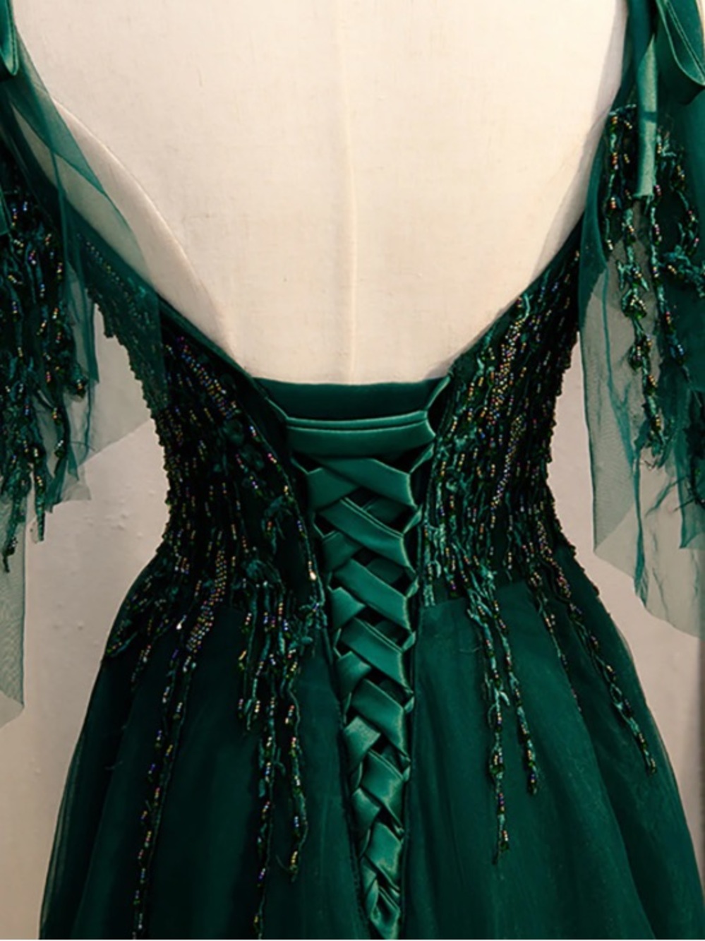 Zapaka A-Line Spaghetti Straps Dark Green Prom Dress with Beading - Picture 4 of 4